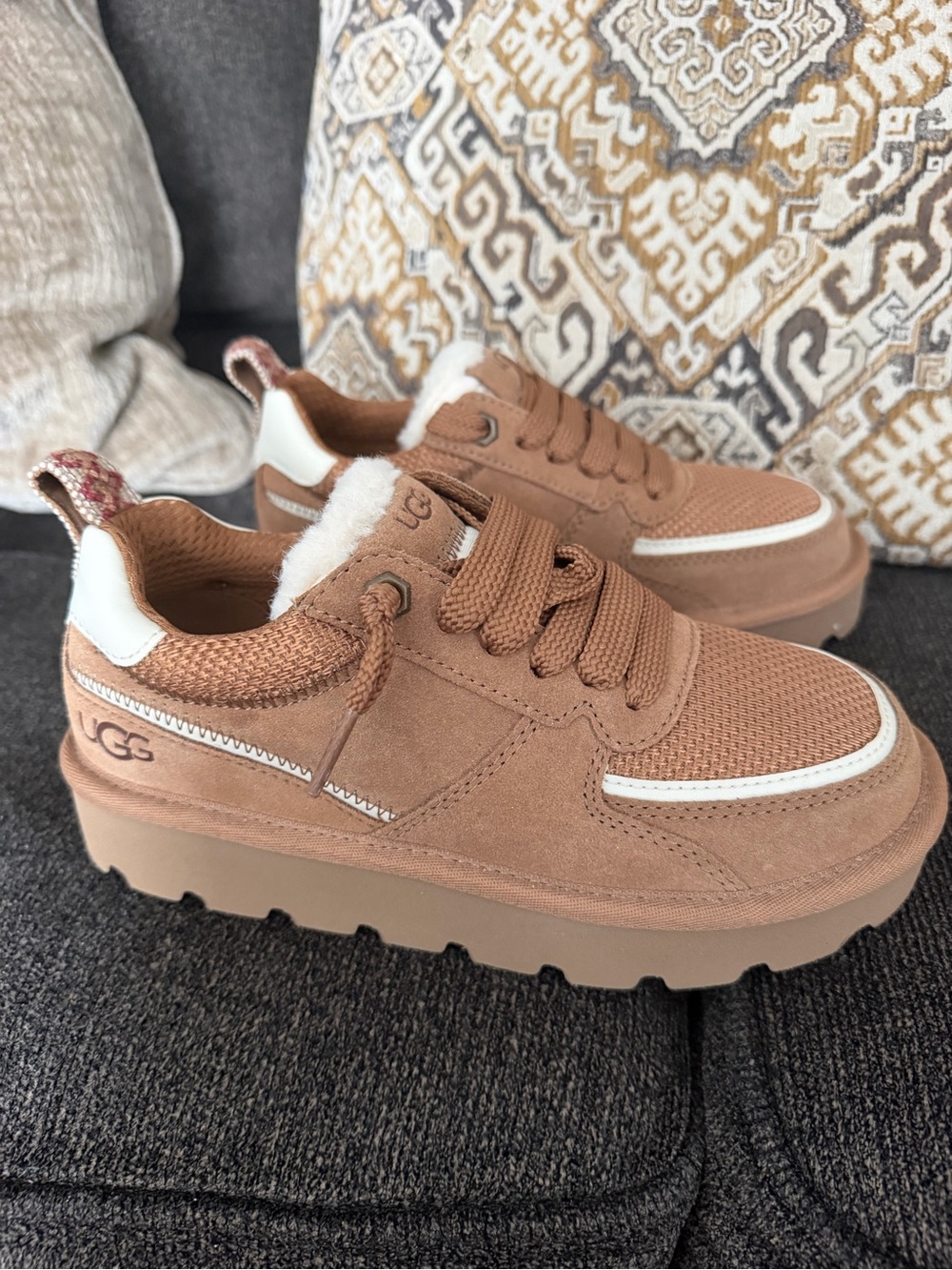 UGG Kids Tan Suede Lace-Up Sneakers with White Trim never worn ( no box )